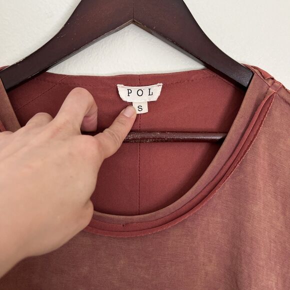 POL Raw Hem Acid Wash Scoopneck Boho Relaxed Fit Blouse, Rust Orange- Small - Picture 5 of 10